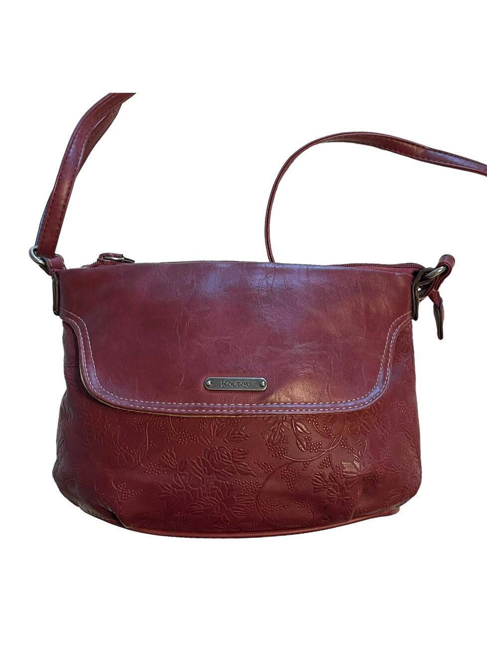Koltov Faux Leather Crossbody Bag Womens Burgundy Red Floral Embossed Purse